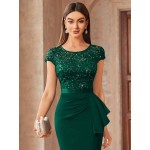 Contrast Lace Sequin Insert Ruffle Trim Ruched Wrap Hem Bodycon Dress