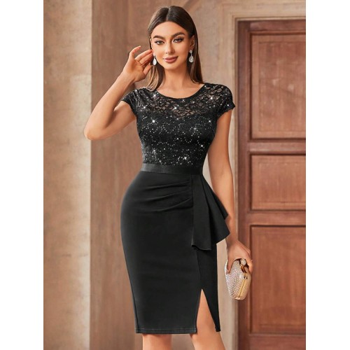 Contrast Lace Sequin Insert Ruffle Trim Ruched Wrap Hem Bodycon Dress