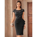 Contrast Lace Sequin Insert Ruffle Trim Ruched Wrap Hem Bodycon Dress