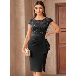 Contrast Lace Sequin Insert Ruffle Trim Ruched Wrap Hem Bodycon Dress