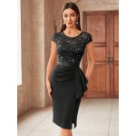 Contrast Lace Sequin Insert Ruffle Trim Ruched Wrap Hem Bodycon Dress