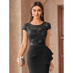 Contrast Lace Sequin Insert Ruffle Trim Ruched Wrap Hem Bodycon Dress