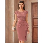 Contrast Lace Sequin Insert Ruffle Trim Ruched Wrap Hem Bodycon Dress