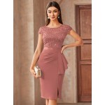 Contrast Lace Sequin Insert Ruffle Trim Ruched Wrap Hem Bodycon Dress