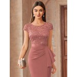 Contrast Lace Sequin Insert Ruffle Trim Ruched Wrap Hem Bodycon Dress