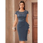 Contrast Lace Sequin Insert Ruffle Trim Ruched Wrap Hem Bodycon Dress