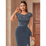 Contrast Lace Sequin Insert Ruffle Trim Ruched Wrap Hem Bodycon Dress