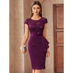 Contrast Lace Sequin Insert Ruffle Trim Ruched Wrap Hem Bodycon Dress