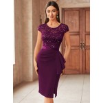 Contrast Lace Sequin Insert Ruffle Trim Ruched Wrap Hem Bodycon Dress