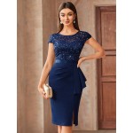 Contrast Lace Sequin Insert Ruffle Trim Ruched Wrap Hem Bodycon Dress