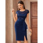 Contrast Lace Sequin Insert Ruffle Trim Ruched Wrap Hem Bodycon Dress