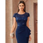 Contrast Lace Sequin Insert Ruffle Trim Ruched Wrap Hem Bodycon Dress