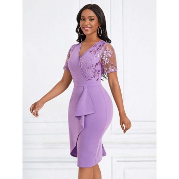 Lady Contrast Sequin Sleeve Ruffle Trim Bodycon Dress