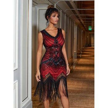 Rave Vintage Fringe Hem Sequin Mesh Bodycon Party Dress