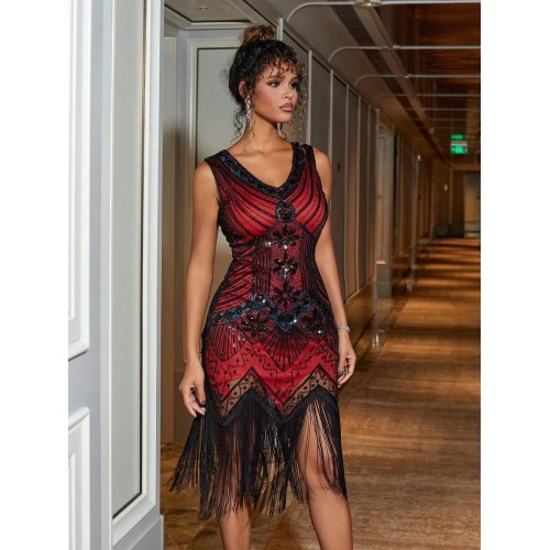 Rave Vintage Fringe Hem Sequin Mesh Bodycon Party Dress