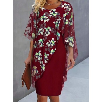 Women s Holiday Chiffon Floral Print 2 In 1 Elegant Dress