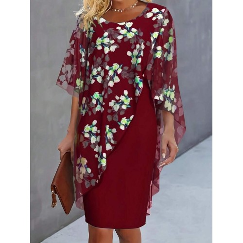 Women s Holiday Chiffon Floral Print 2 In 1 Elegant Dress