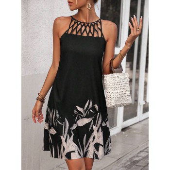 Vacation Casual Random Print Hollow Strap Slip Dress