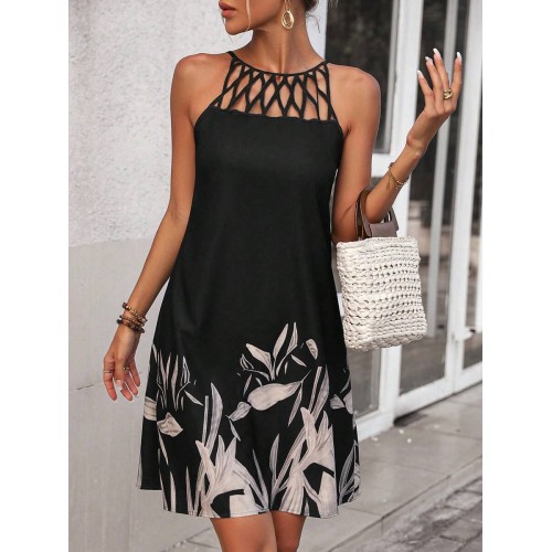 Vacation Casual Random Print Hollow Strap Slip Dress