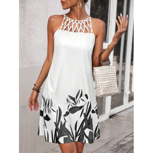 Women s Casual Sleeveless Hollow Out Floral Print Dress For Vacation