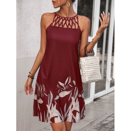 Women s Hollow Neck Loose Random Plant Print Vacation Dress