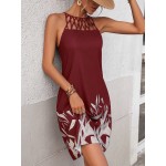 Women s Hollow Neck Loose Random Plant Print Vacation Dress