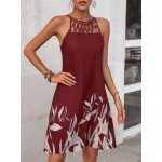 Women s Hollow Neck Loose Random Plant Print Vacation Dress