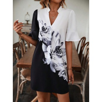 Floral Print Flounce Sleeve Dress