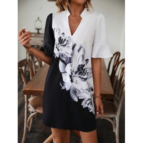 Floral Print Flounce Sleeve Dress