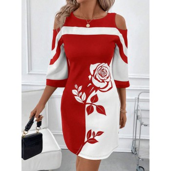 Women s Contrast Rose Floral Pattern Boat Neck Asymmetric Shoulder Elegant Dress