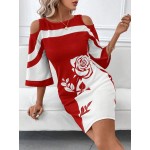 Women s Contrast Rose Floral Pattern Boat Neck Asymmetric Shoulder Elegant Dress