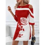 Women s Contrast Rose Floral Pattern Boat Neck Asymmetric Shoulder Elegant Dress