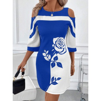 Women s Elegant Black White Rose Print Boat Neck Open Shoulder Midi Dress