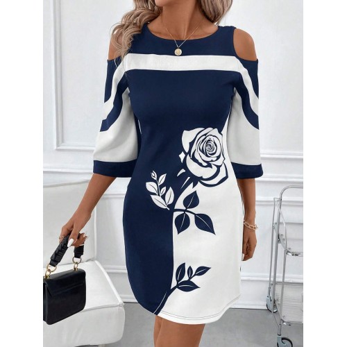 Women s Elegant Color Block Rose Print Off Shoulder Mini Dress