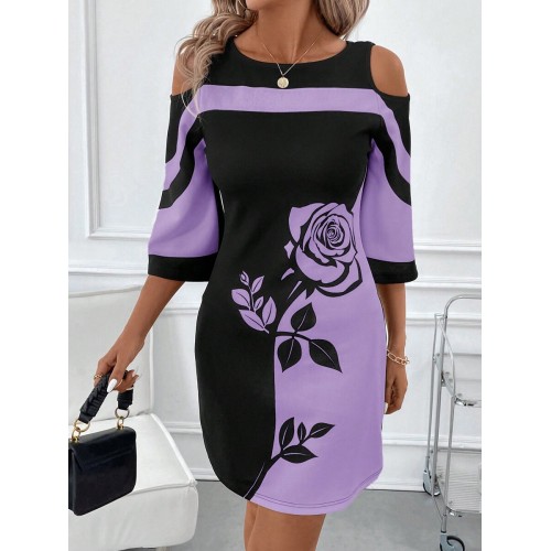 Women s Contrast Rose Print Off Shoulder Elegant Dress