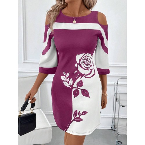 Women s Contrast Rose Print Bardot Elegant Dress