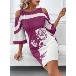 Women s Contrast Rose Print Bardot Elegant Dress