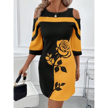 Women s Contrast Rose Print Open Shoulder Elegant Dress