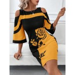 Women s Contrast Rose Print Open Shoulder Elegant Dress