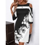 Women s Summer Black And White Floral Print Open Shoulder Elegant Short Dress