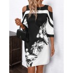 Women s Summer Black And White Floral Print Open Shoulder Elegant Short Dress