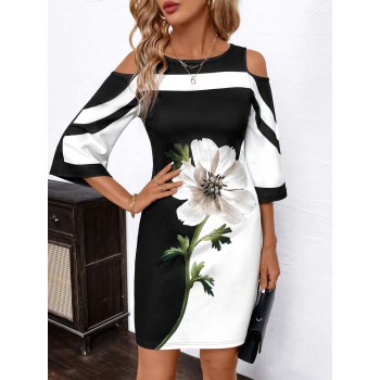 Women s Elegant Cold Shoulder Black And White Contrast Color Floral Print Dress Fall Women Dresses