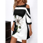 Women s Elegant Cold Shoulder Black And White Contrast Color Floral Print Dress Fall Women Dresses