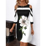 Women s Elegant Cold Shoulder Black And White Contrast Color Floral Print Dress Fall Women Dresses