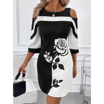 Women s Elegant Open Shoulder Dress With Boat Neck Black And White Contrasting Colors And Rose Pattern Print