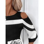 Women s Elegant Open Shoulder Dress With Boat Neck Black And White Contrasting Colors And Rose Pattern Print