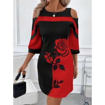 Women s Color Block Rose Print Open Shoulder Elegant Midi Dress