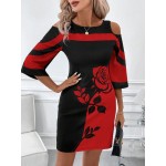 Women s Color Block Rose Print Open Shoulder Elegant Midi Dress